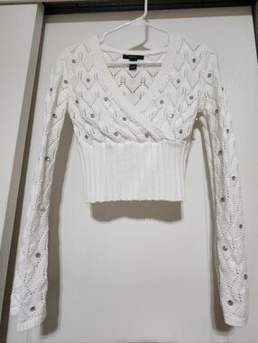 Cropped White Knit Sweater with Sequin Accents